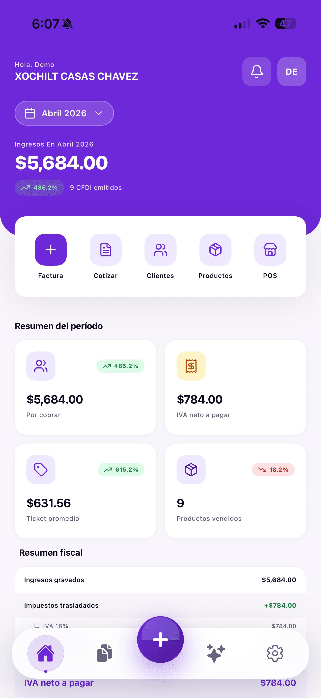 SenHub Go — pantalla principal mostrando dashboard de facturación